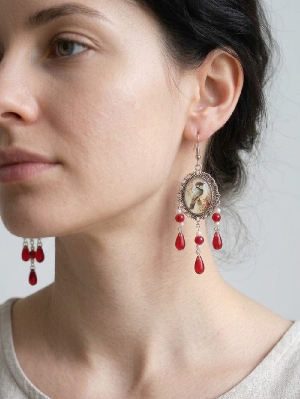 Handcrafted Vintage Inspired Woodpecker Bird Pendant Chandrlier Earrings
